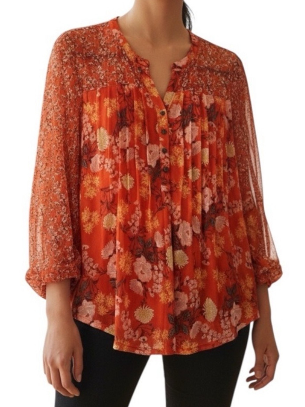 Ava & Grace red floral blouse with sheer sleeves and a lined torso.